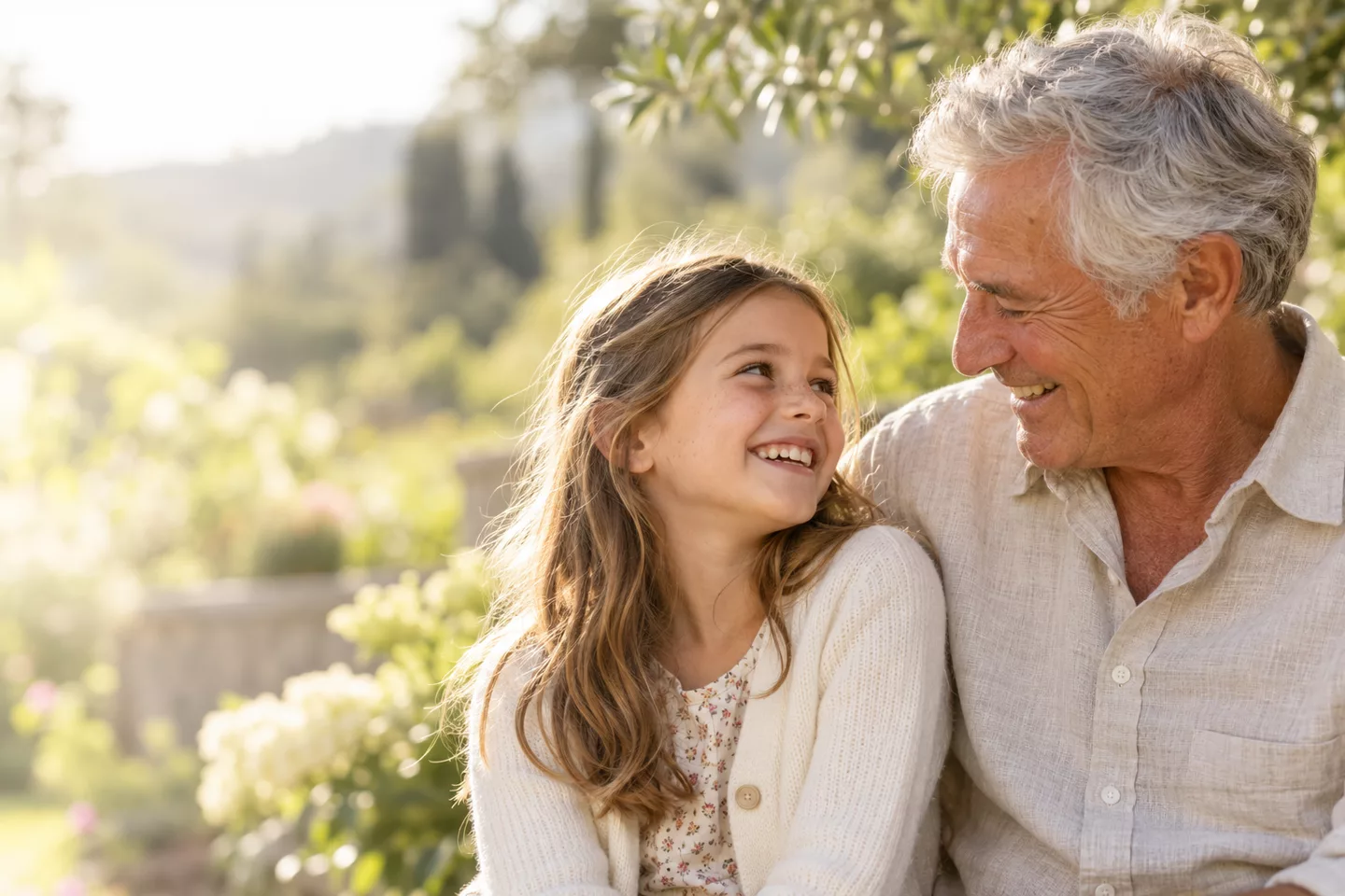 An illustrative grandfather sharing a smile with his granddaughter